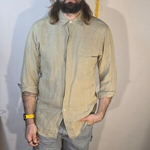VTG Montebello M Shirt Brown Green Linen Long Sleeve Button XL Fit Hong Kong 80s